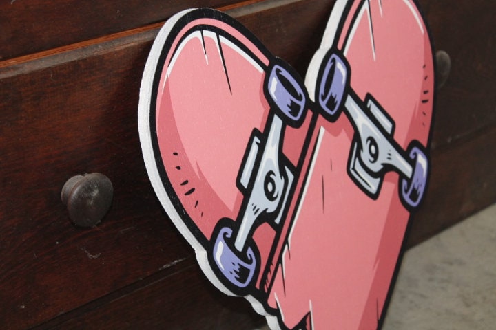 Heart Skateboard Cutout Printed Valentines Day Rocker Wooden Wall Art Skater Gift Broken Love Grunge Hipster Skate Park Punk