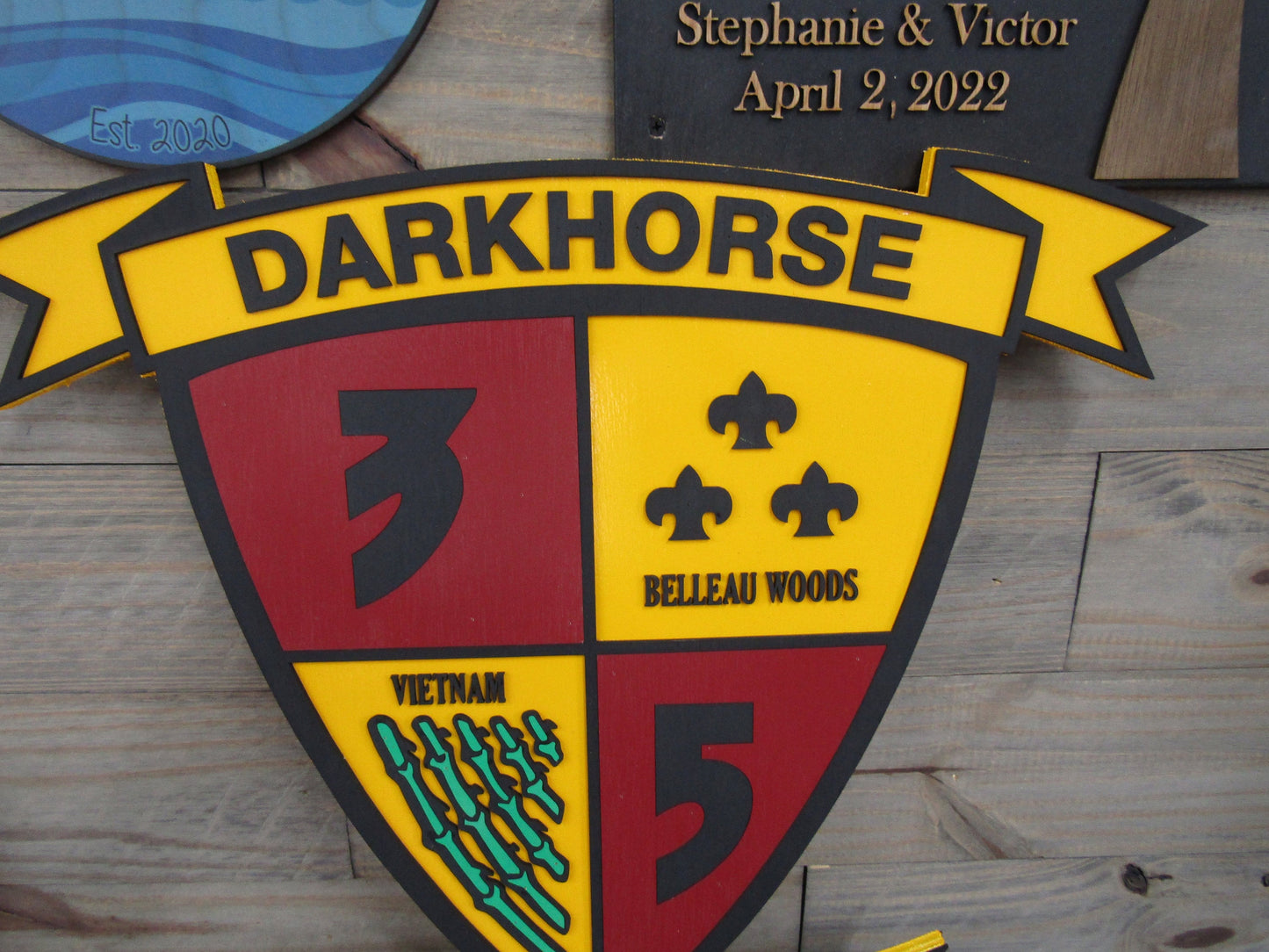Custom Wood Sign Sheild Badge Darkhorse 3D Raised Text Handmade Contour Cut Military War Veteran Honor Decor Wall Art Hanging