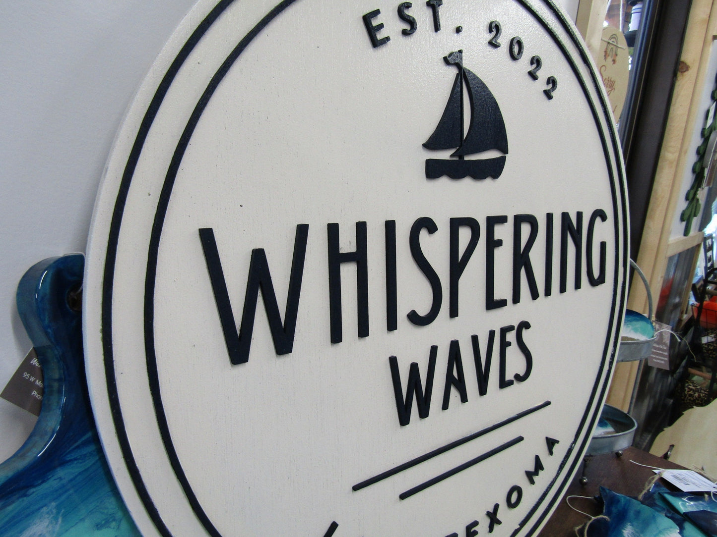 Custom Wooden Sign For Home Sail Boat Lake House Waves Round Made to Order Logo Circle Handmade Raised Text Home