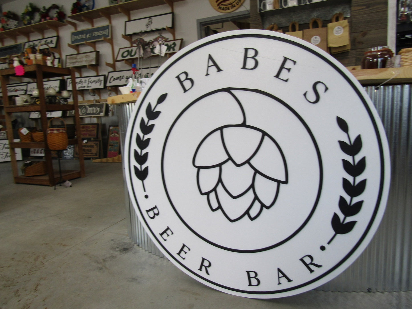 Custom Bar Sign Beer Round Business Drinks Food Barley Hops Babe Made to Order Logo Circle Wooden Handmade Raised Text Home