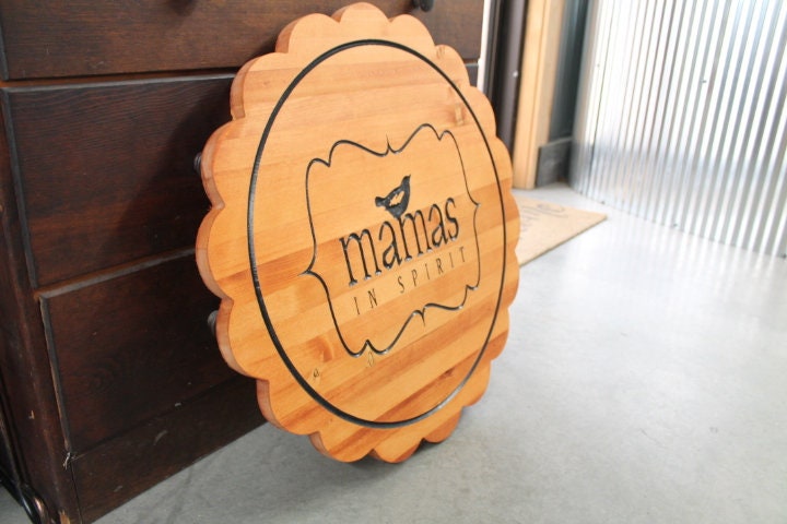 Wood Scalloped Carved Bird Engraved Color Filled Business Commerical Signage Your Logo Handmade Custom Oversized Pine Wood Round Sign