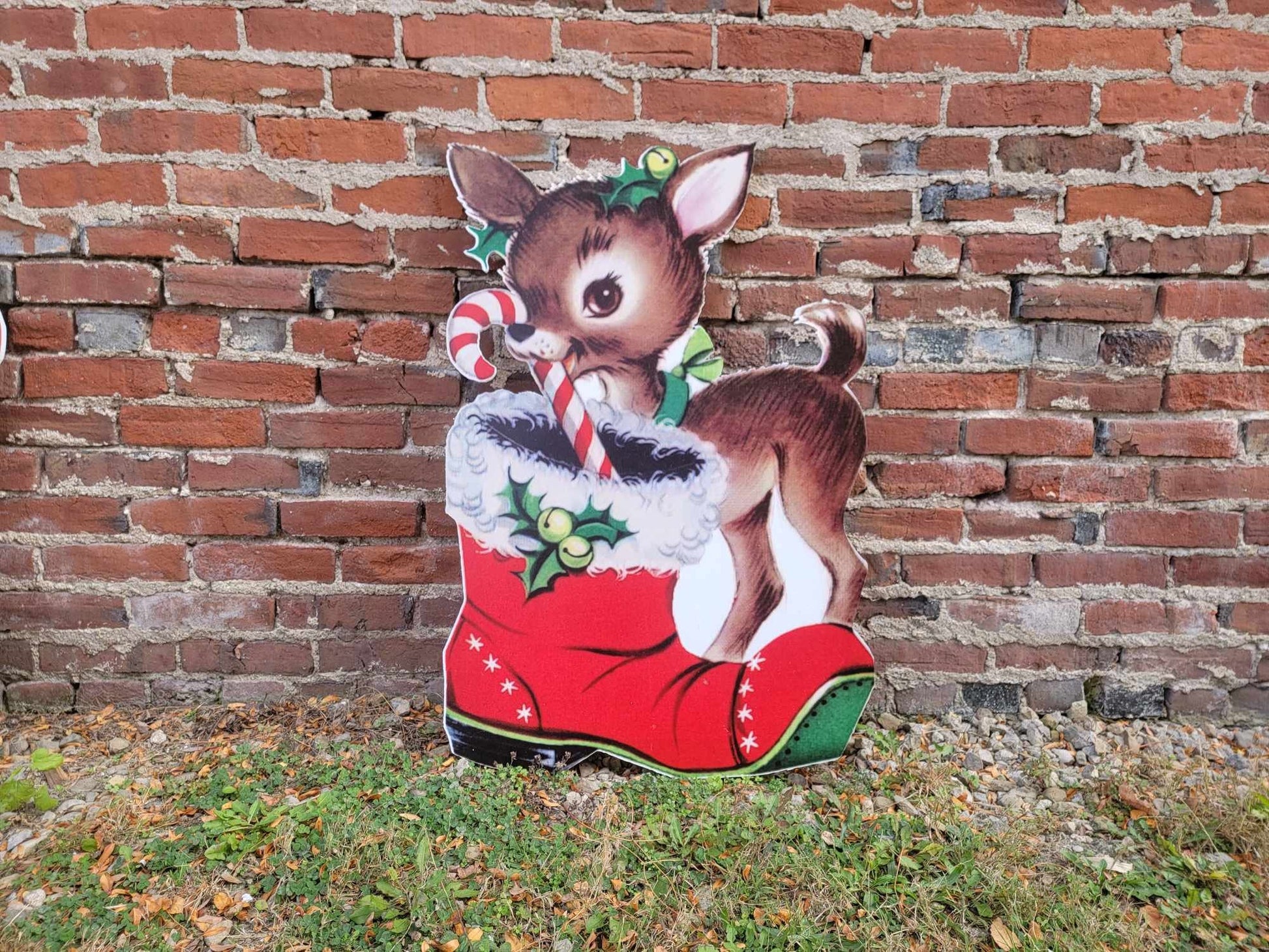 Vintage Yard Art PVC Reindeer Baby Santas boot Candy Cane Christmas Outdoor Weather Proof Printed image Yard Decor