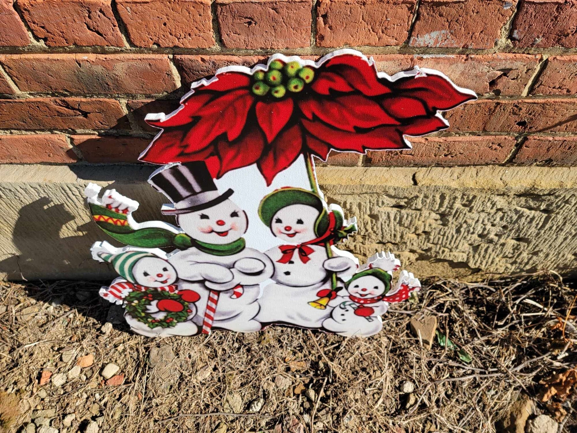 Vintage Yard Art PVC Winter Snowman Family Poinsettia Yard Sign Decorations Yard Decor Christmas Outdoor Weatherproof Printed image