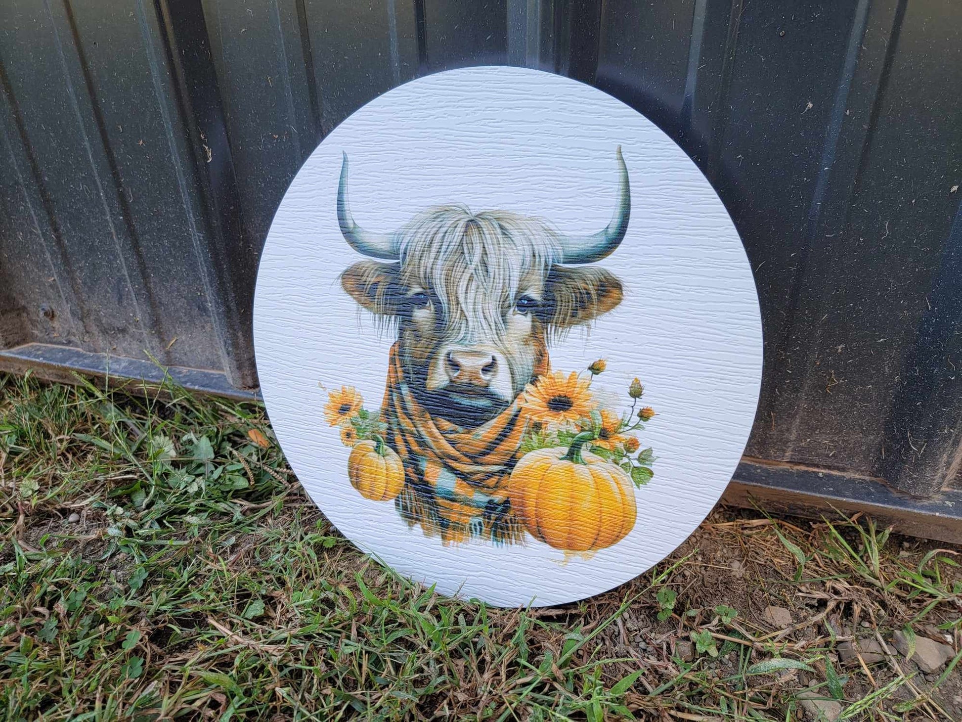 Cow Furry Highland Sign Printed Cow Lovers Porch Pumpkin Autumn Gourd PVC Weatherproof Ultraviolet Ink Doorhanger Outdoor Use