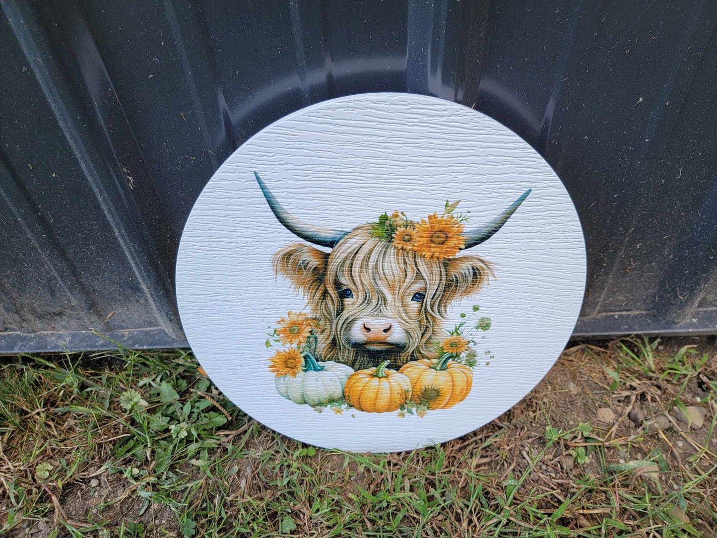 Cow Furry Highland Sign Flower Sunflower Printed Cow Lovers Porch Pumpkin Autumn Girl PVC Weatherproof Doorhanger Outdoor Use