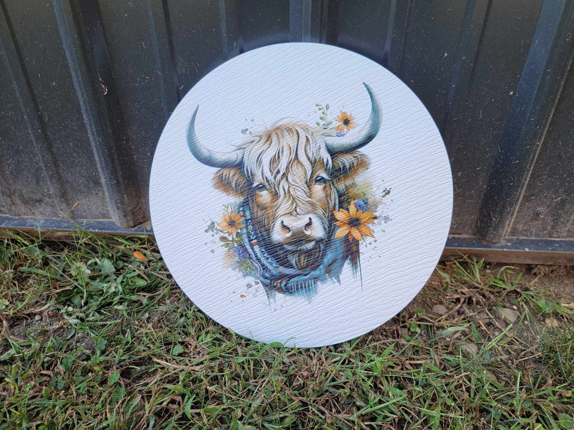 Cow Scarf Furry Highland Sign Flower Sunflower Printed Cow Lovers Porch Girl PVC Weatherproof Doorhanger Outdoor Use