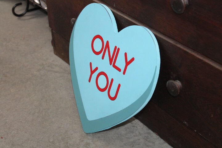 Wood Heart Only You Blue Conversation Heart Cutout Valentines Day Gift Photography Prop Handmade Home Decor Raised 3D Giftable Sign Wall Art