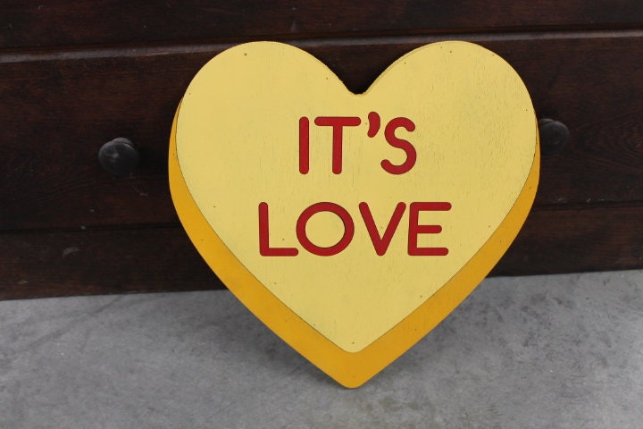 Wood Its Love Yellow Candy Conversation Heart Cutout Valentines Day Gift Photography Prop Handmade Homedecor Raised 3D Sign Wall Art