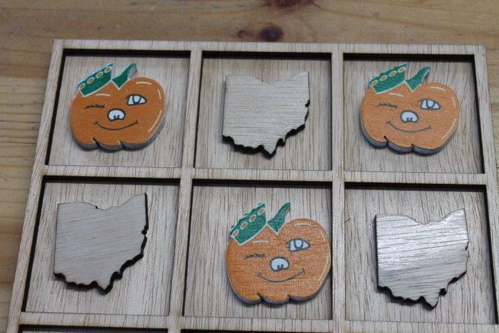 Handmade Tic Tac Toe Winky Circleville Ohio Small town Pumpkin Show Wooden Family game boardgame Laser cut engraved