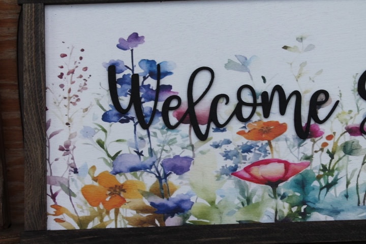 Welcome Spring Decor Garden Floral Flowers Handmade Colorful Bright Inspiring Uplifting Text 3D Raised Text Wall Decoration Primitive Rustic