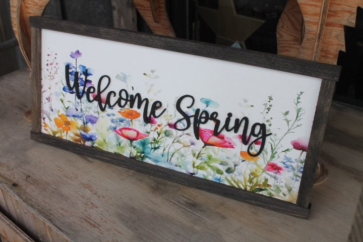 Welcome Spring Decor Garden Floral Flowers Handmade Colorful Bright Inspiring Uplifting Text 3D Raised Text Wall Decoration Primitive Rustic