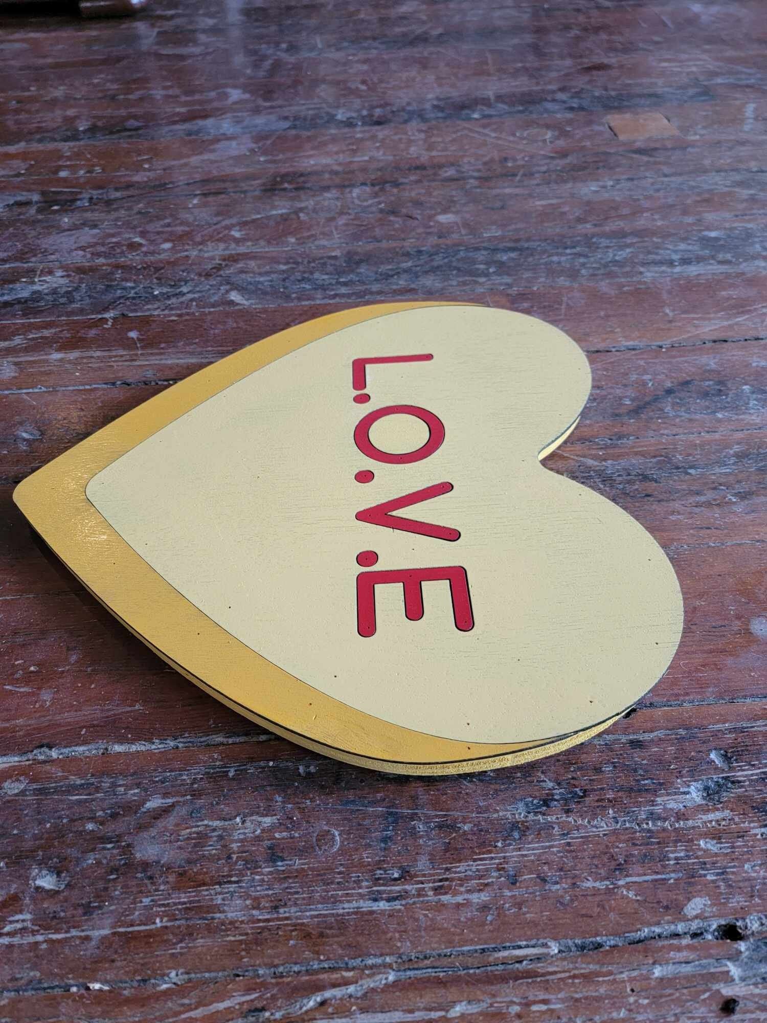 Wooden heart Yellow L.o.v.e Candy Conversation Heart Cutout Valentines Day Gift Photography Prop Handmade Homedecor Raised 3D Sign Wall Art
