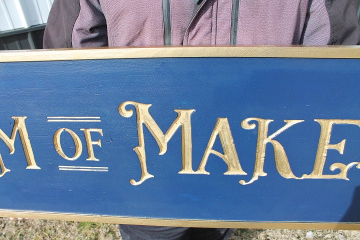 Gold Carved Make believe Museum Blue Vintage Antique Victorian Personalized Custom Wooden Etched Sign Engraved Routed Color Filled