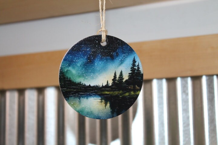 Night scene Lake Image Woods Camping Star Forest Explore Ornament Printed Keychain Giftable Gift for Him Gift for her Wooden