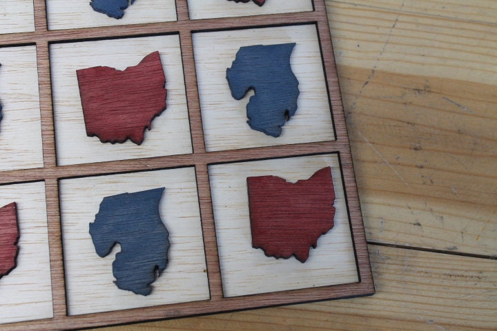 Ohio Michigan Scarlet Red Azure Blue Handmade Tic Tac Toe Stained game Wooden Lodge Vacation Family game boardgame Laser cut engraved