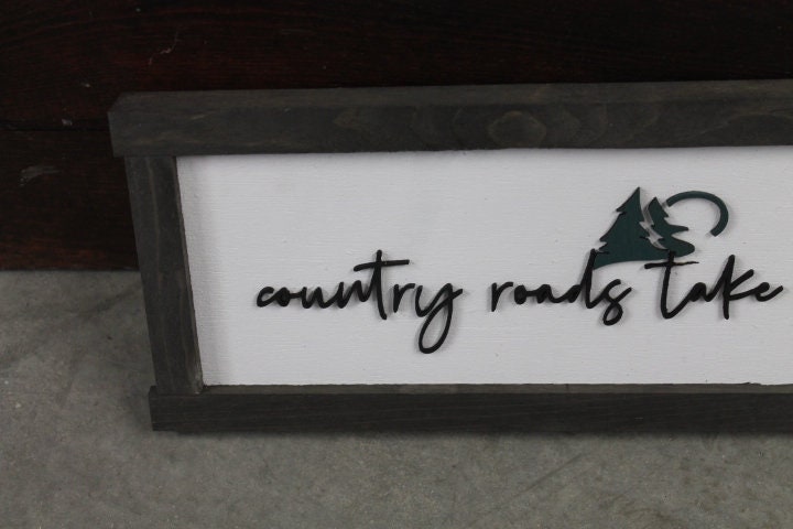 Country Roads Take Me Home Music Country Living Farmhouse Rustic Primitive Camp Home Decor Wall Hanging Cute Pine Moon Land Handmade 3D Sign