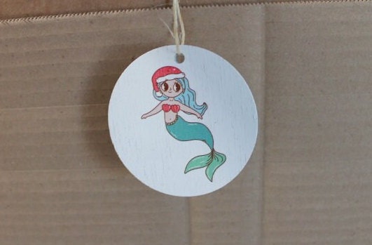 Cute Mermaid Santa hat Cryptic Ornament Collector Mythical Printed Keychain Giftable Gift for Him Gift for her Wooden