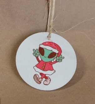 Extraterrestrial Alien Peace Santa Suit Cryptic Ornament Collector Mythical Printed Keychain Giftable Gift for Him Gift for her Wooden