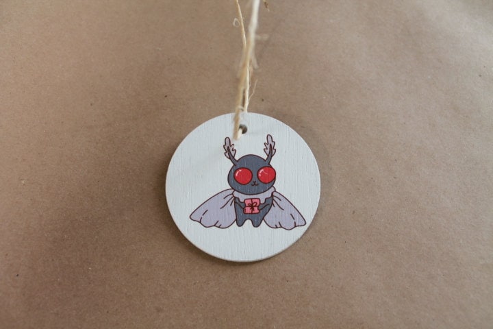 Moth man Present Gift festive Cryptic Ornament Collector Mythical Printed Keychain Giftable Gift for Him Gift for her Wooden