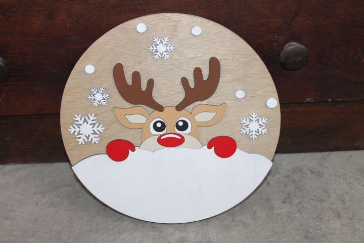 Peeking Deer Winter Snow Chilly Cold Christmas Rudolph Reindeer Handmade Home Decor Sign Door hanger Wall art Cute Red Cartoon