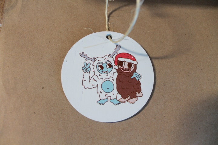 Yeti and Bigfoot Pals Besties Friends Cartoon Festive Cryptic Ornament Mythical Printed Keychain Giftable Gift for Him Gift for her Wooden