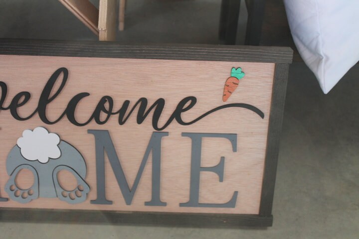 Easter Spring Welcome Home Bunny Butt Rabbit Feet Carrots Cute Decor Welcome Sign Greeting Farm Furry Friend Handmade 3D Wood Sign