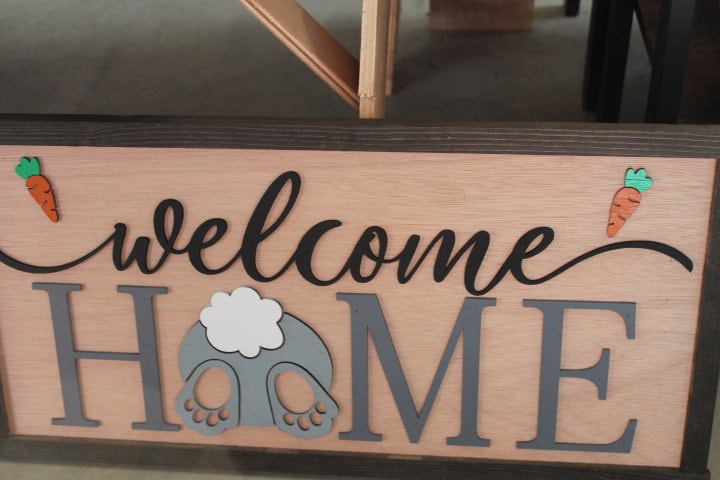 Easter Spring Welcome Home Bunny Butt Rabbit Feet Carrots Cute Decor Welcome Sign Greeting Farm Furry Friend Handmade 3D Wood Sign