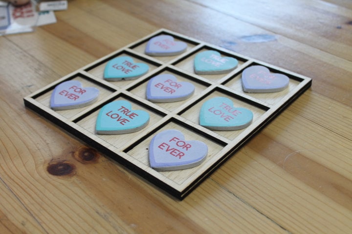 Handmade Tic Tac Toe Conversation Hearts True Love Forever Candy Valentines Bnb Wooden Family game boardgame Laser cut engraved