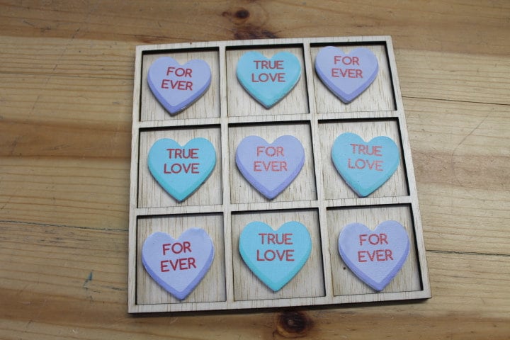 Handmade Tic Tac Toe Conversation Hearts True Love Forever Candy Valentines Bnb Wooden Family game boardgame Laser cut engraved