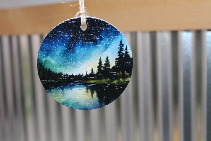 Night scene Lake Image Woods Camping Star Forest Explore Ornament Printed Keychain Giftable Gift for Him Gift for her Wooden