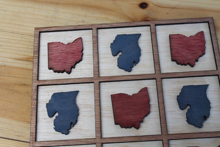 Ohio Michigan Scarlet Red Azure Blue Handmade Tic Tac Toe Stained game Wooden Lodge Vacation Family game boardgame Laser cut engraved