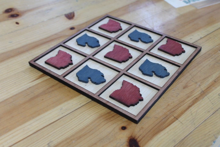 Ohio Michigan Scarlet Red Azure Blue Handmade Tic Tac Toe Stained game Wooden Lodge Vacation Family game boardgame Laser cut engraved