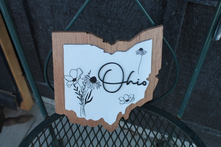 Ohio Floral Wild Flower Wall Decor Handmade State Cutout Minimalist Home decor Wooden Layered Sign Hometown Farmhouse Shabby Chic Giftable