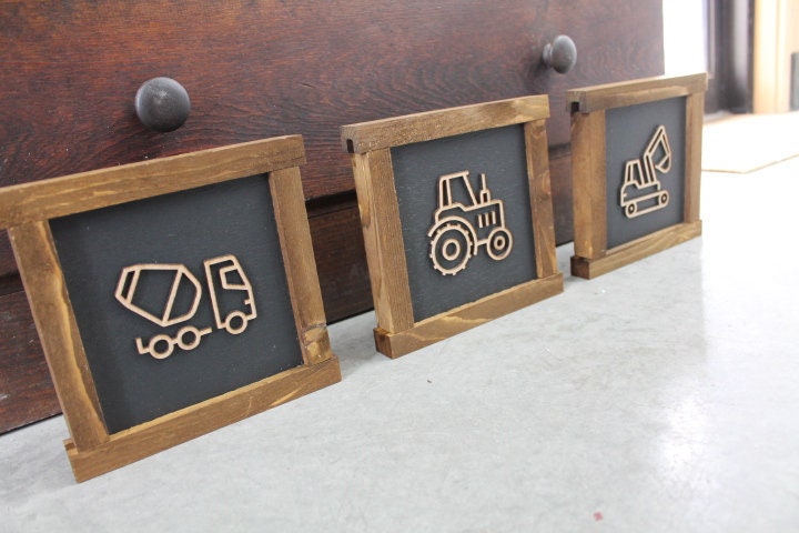 Boys Room Trucks Things with wheels Construction Excavator Tractor Cement Truck Nursery Handmade Decor Baby Gift Brown and Black