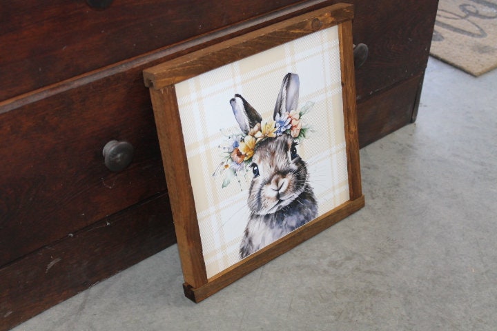 Bunny Decor Easter Spring Floral Flower Crown Plaid Handmade Home Decor Printed Framed Rabbit Cute Bright Animals