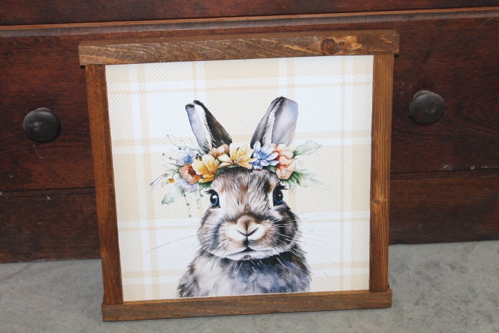 Bunny Decor Easter Spring Floral Flower Crown Plaid Handmade Home Decor Printed Framed Rabbit Cute Bright Animals