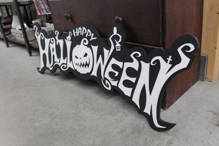 Halloween White and Black Jack O Lantern Spooky Forest Black Cat Prop Wooden Decor Fall Autumn Decoration Sign Haunted Grave Yard Theme