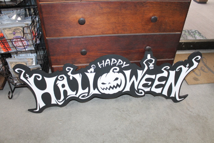 Halloween White and Black Jack O Lantern Spooky Forest Black Cat Prop Wooden Decor Fall Autumn Decoration Sign Haunted Grave Yard Theme