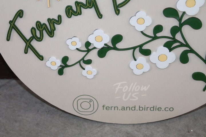 Sun Fern Birdie Social Handle Custom Sign Round Business Signage Boutique Made to Order Store Front Small Shop Logo Circle Wooden Handmade