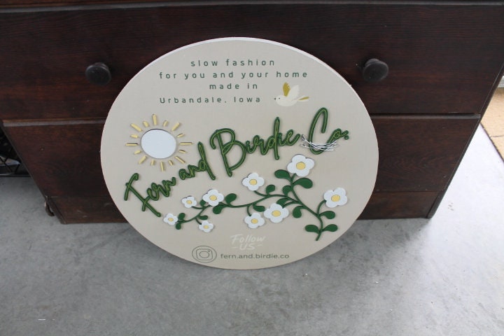 Sun Fern Birdie Social Handle Custom Sign Round Business Signage Boutique Made to Order Store Front Small Shop Logo Circle Wooden Handmade