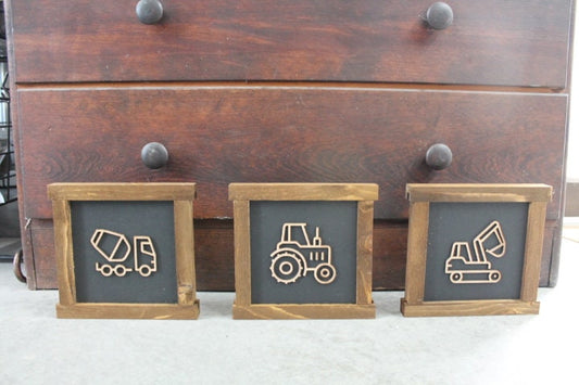 Boys Room Trucks Things with wheels Construction Excavator Tractor Cement Truck Nursery Handmade Decor Baby Gift Brown and Black