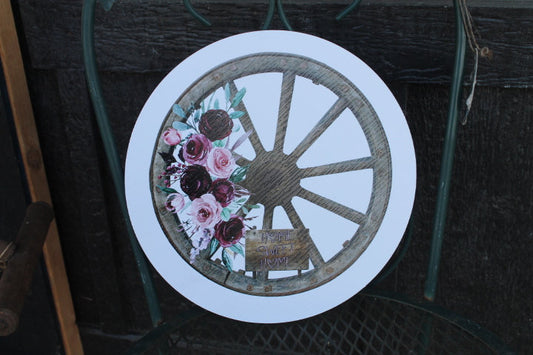 Home Sweet Home Wagon Wheel Rustic Outdoor Weatherproof Print Floral Roses Yard Art Round Country Farmhouse Cottage