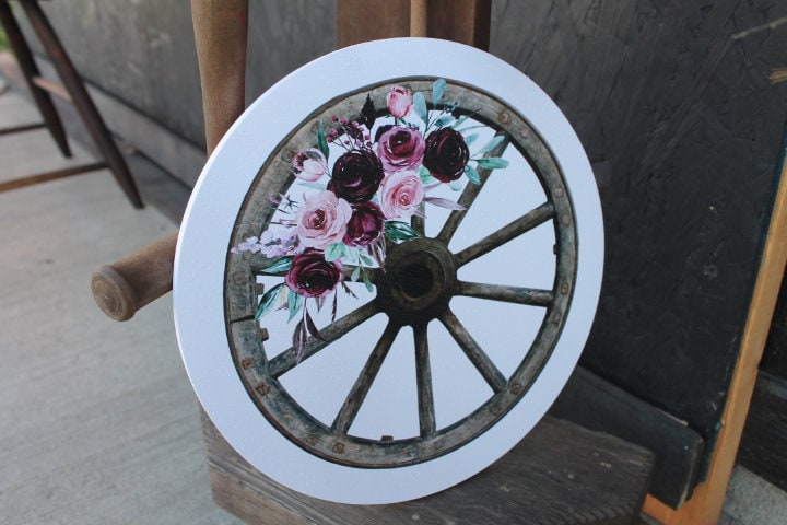 Wagon Wheel Rustic Outdoor Weatherproof Print Floral Roses Yard Art Round Country Farmhouse Cottage Country Decor Western