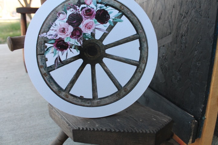 Wagon Wheel Rustic Outdoor Weatherproof Print Floral Roses Yard Art Round Country Farmhouse Cottage Country Decor Western