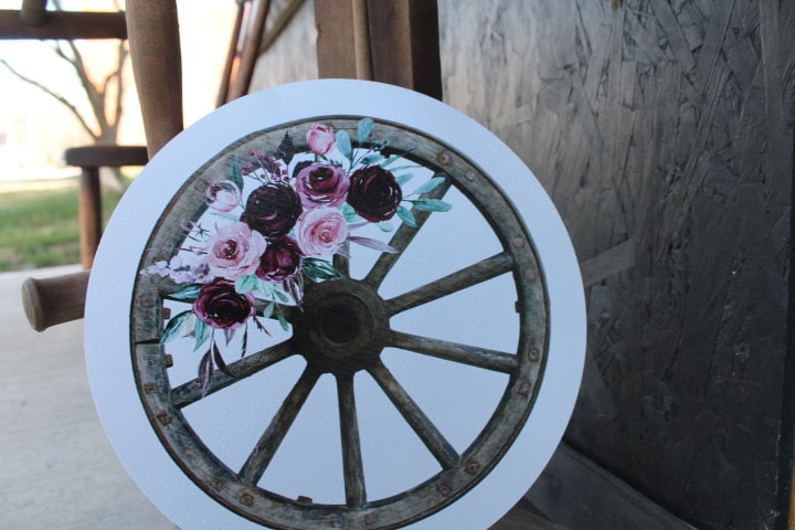 Wagon Wheel Rustic Outdoor Weatherproof Print Floral Roses Yard Art Round Country Farmhouse Cottage Country Decor Western