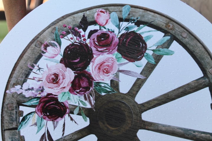 Wagon Wheel Rustic Outdoor Weatherproof Print Floral Roses Yard Art Round Country Farmhouse Cottage Country Decor Western